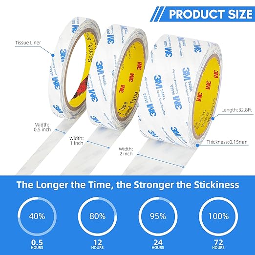 3M Double Sided Tape Thin 0.5"횞32.8Ft, 9448A Double Coated Tissue Tape, Strong Adhesive Sticky Tape Translucent Removable for Foam Art Craft Nameplate Bonding
