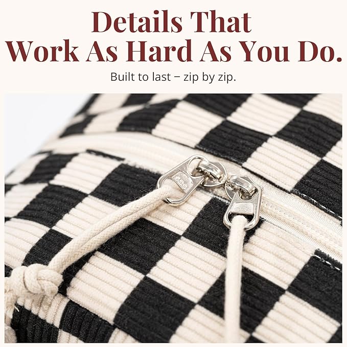 LOVELYWIND Insulated Black Checkered Lunch Bag for Women, Stylish Corduroy Tote with Aluminum Lining, Large Capacity Reusable Cooler for Work, Travel, or Beach, Beige Cream Water-Resistant Lunch Box