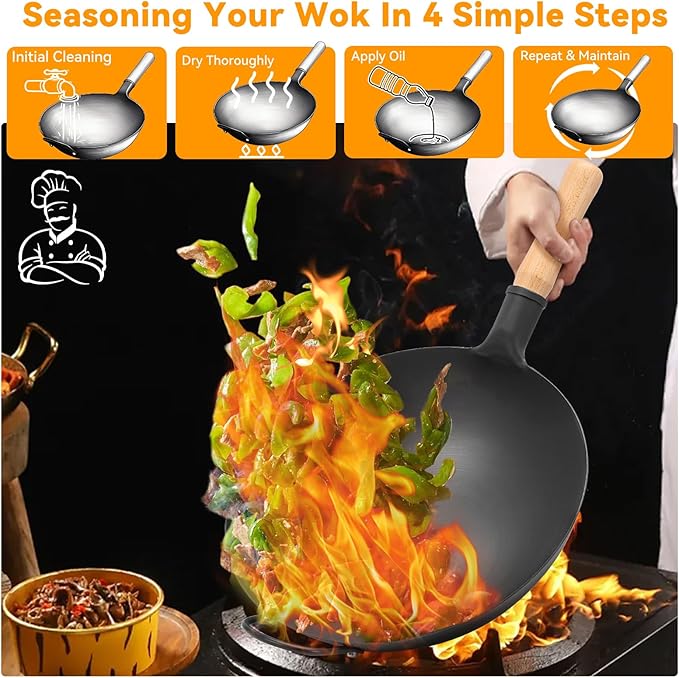 WANGYUANJI 13.4" Round-Bottom Iron Wok, Deep Chinese Stir-Fry Pan (Seasoning Required), Wok Ring Required, Not Flat-Top/Induction ??No Lid, No Ring,Wooden Handle, Coating-Free