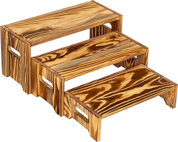 Set Of 3 Vintage Brown Wooden Display Risers, Wood Cake stands Dessert Display,Wood Tiered Display Stands, Cupcake Stand For Party,Size:15.7-14.1-12.6IN Display Shelf