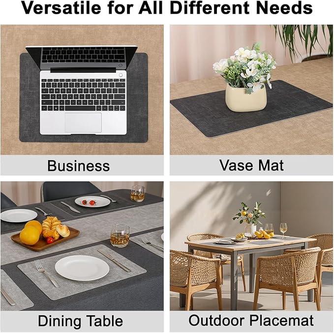 Myir JUN Reversible Vinyl Placemats Set of 8, Faux Leather Place Mats Dual Sided Waterproof Oilproof Wipeable, Heat-Resistant Table Mats for Kitchen Dining Indoor Outdoor (12" x 17", Light Gray Gray)
