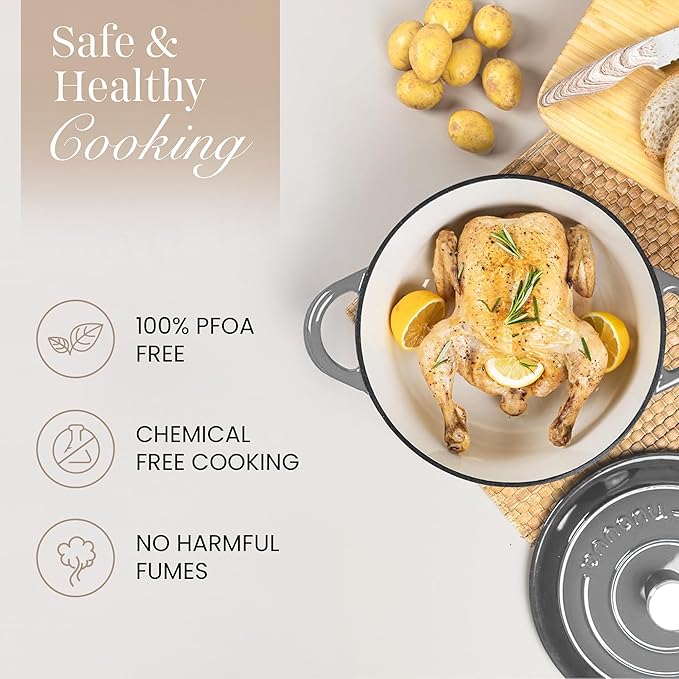Nuovva Enamelled Cast Iron Dutch Oven Pot with Lid ??6.4 Quart Non Stick Casserole Pot ??Heavy Duty & Oven Safe up to 500째 F for Bread Baking, Braising, Stews, Roasting ??28cm Grey