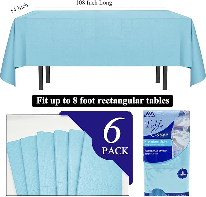 [6 Pack] Light Blue Paper Tablecloth Disposable for Rectangle Tables, 54 X 108 Inch Party Table Cover with Plastic Backing, Waterproof 3 Ply Table Cloth for Easter Wedding Baby Shower Indoor Outdoor