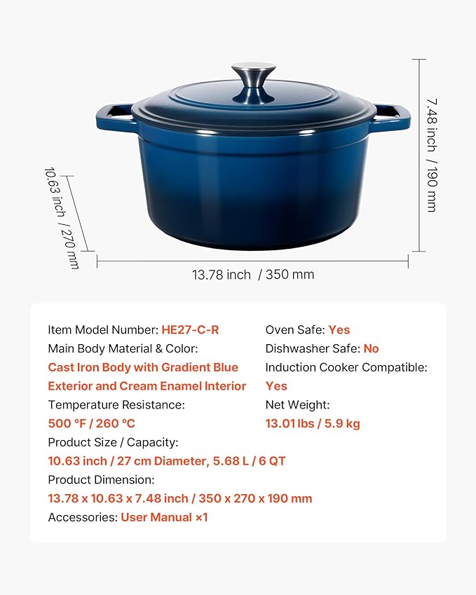 VEVOR Enameled Cast Iron Dutch Oven, 6 Quart Pot with Lid and Dual Handles, Heavy-Duty Durable Cookware Pan, Oven Induction Compatible up to 500?? for Braising, Stews, Roasting, Bread Baking, Blue