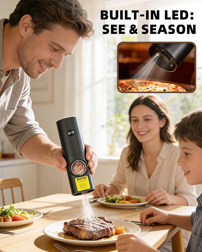 Automatic Salt and Pepper Shakers, Electric Grinder Set with 5 Adjustable Coarseness & LED, Spice Mill One-Hand Operation, Battery Powered, Ideal Gourmet Kitchen Gifts 1 Pack