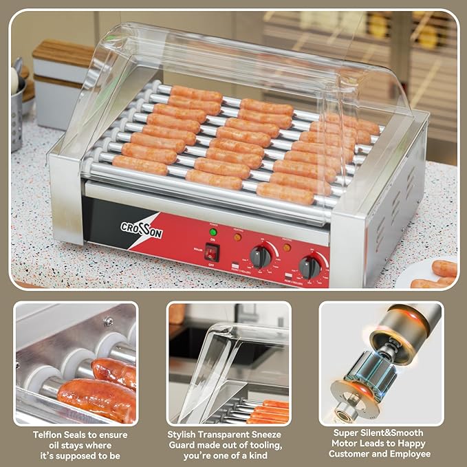 CROSSON Hot Dog 9 Roller Grill Cooker Machine with Transparent Sneeze Guard,9 Nonstick 304SS Rollers and Dual Temp Control,Commercial Hot Dog Cooker Machine-120V, 1350W
