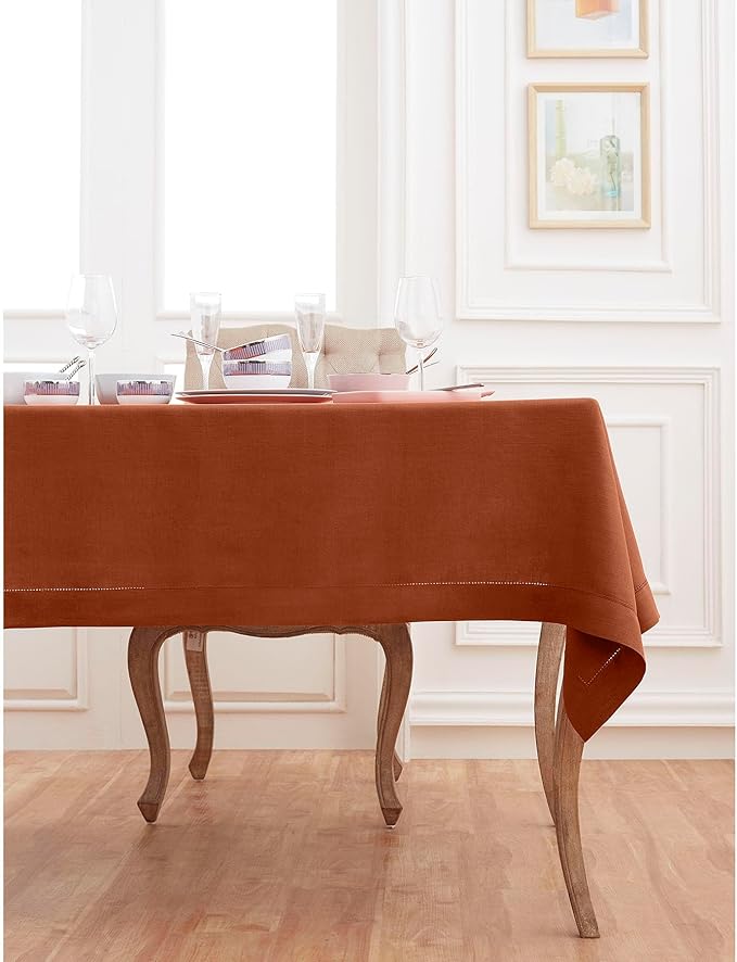 Solino Home Linen Cinnamon Tablecloth 60 x 120 Inch - Classic Hemstitch, 100% Pure Linen Rectangular Tablecloth - Machine Washable Table Cloth for Winter