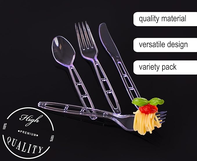 Party Bargains Emerald Clear Plastic Silverware 1440 pcs Set: 720 Forks, 480 Spoons, 240 Knives. Heavy Duty Elegant Cutlery Disposable Utensils Combo Pack for Ceremonies Catering Galas Cocktail Party