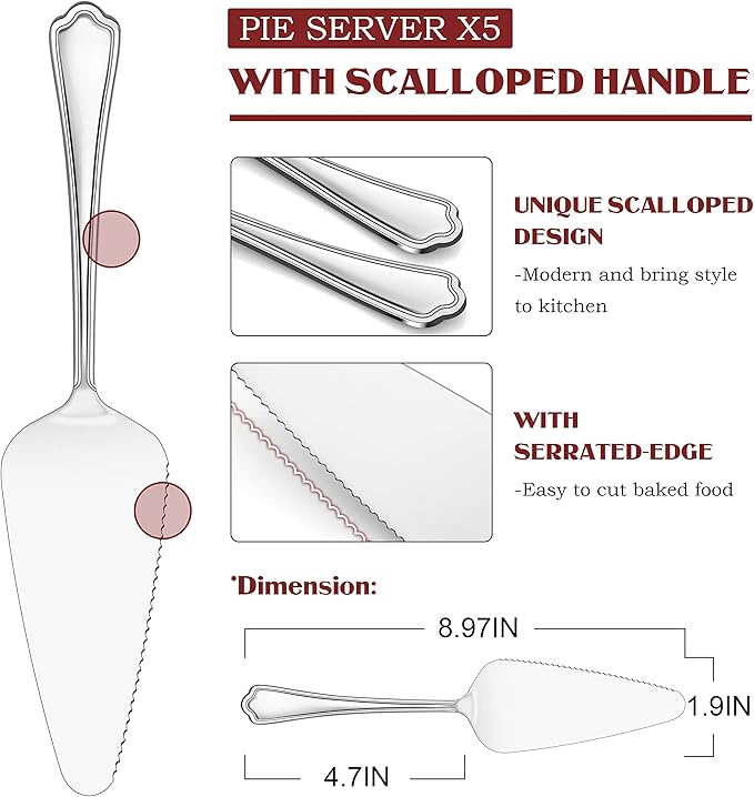 5-Piece Pie Server, E-far Stainless Steel Cake Server Spatula Cutter for Pastry Cheese Pizza, Serrated Edge with Scalloped Handle, Mirror Polished & Dishwasher Safe-9 Inch
