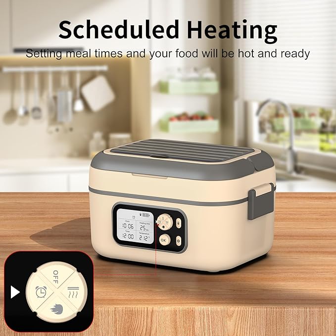 EDCREATY Cordless Electric Heated Lunch Box, 1.5L 6.3Cups 24000mAh Rechargeable Battery Self-Heating Lunch Box, Smart Timer, Even Heating, 100W Portable Food Warmer for Office, Picnic, Car, Outdoor