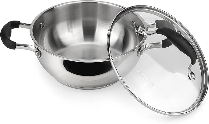 AVACRAFT 18/10 Stainless Steel Everyday Pan, Stir Fry Pan with Five-Ply Base, Chef?셲 Pan with Glass Lid, Multipurpose Stewpot Skillet, Saute Pan, Casserole in Pots and Pans (8 inch)
