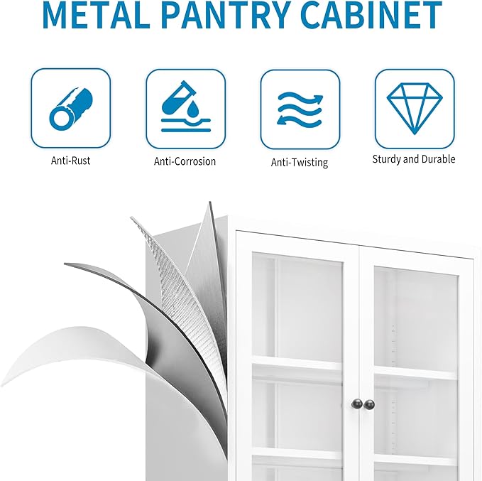 White Steel Kitchen Pantry Cabinet with Glass & Solid Doors, 72" H Storage Cabinet with Adjustable Shelves, Heavy Duty Freestanding Utility Cabinet for Dining/Living Room, Assembly Required