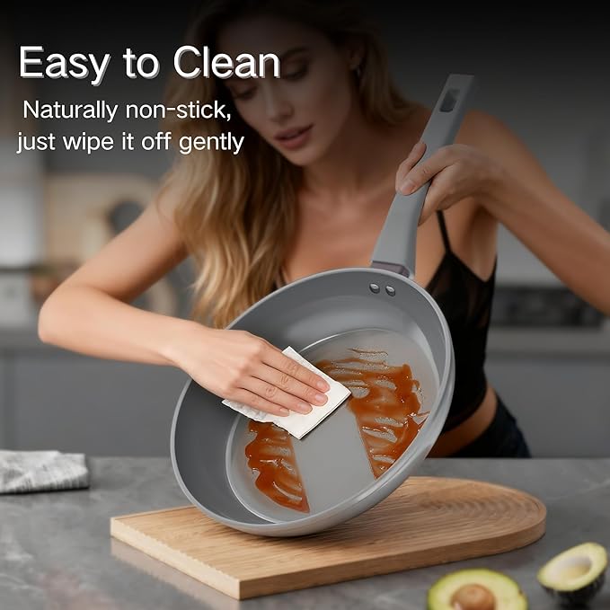 Sanho 12 Inch Nonstick Frying Pan, PFAS & PFOA Free Ceramic Coating, Induction Compatible Cookware, Stay-Cool Bakelite Handle, Gray