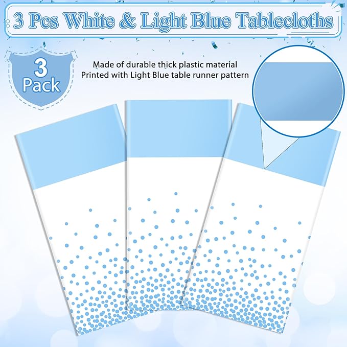 MASHAN 3Pcs White and Light Blue Tablecloth Party Decorations,Plastic White Table Cloth Printed Baby Blue Table Runner Disposable Rectangle Cover for Birthday Baby Shower Wedding Party,54 x108 Inch