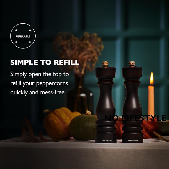 Cole & Mason London Refillable Spice Mill - Kitchen & Home Accessory - Table Black Pepper Grinder - Pepper Mill with Carbon Steel Mechanism - 8", Chocolate Wood