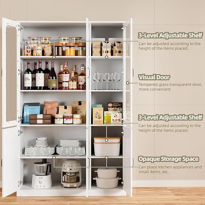 White Kitchen Pantry Cabinet, 78.7" Tall China Cabinet with Glass Doors and Adjustable Shelves, Wooden Display Cabinet for Dining, Living Room, White (Extra-Large, 46" W)