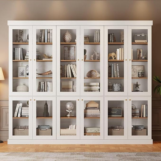 Vyre 70.8" Bookshelf with Glass Doors, Farmhouse Modular Bookcase with 6-Tier Adjustable Shelves, Large Storage Cabinet for Living Room & Home Office, Set of 3, White