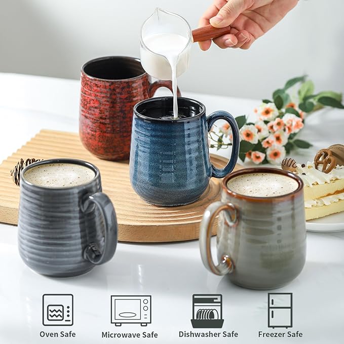 HASENSE Coffee Mugs Set of 4, 12 Oz Stoneware Coffee Cups with Large Handle, Colorful Rustic Mug Set for Coffee, Tea, Coco, Latte, Dishwasher and Microwave Safe
