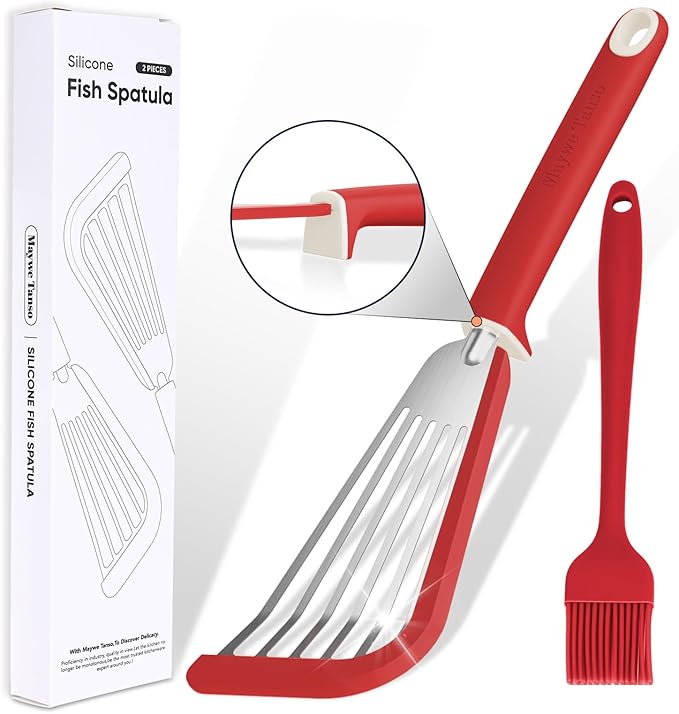 Fish Spatula,600??Heat Resistant Silicone Fish Spatula with Basting Brush,for Nonstick Cookware,Flexible Slotted Fishs Turner Spatulas,BPA Free,Dishwasher Safe(Red)