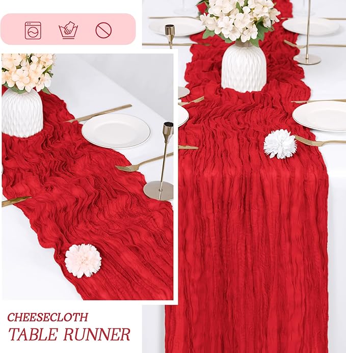 RealBox 3 Pack Red Cheesecloth Table Runner 17x108 Inch Semi Sheer Boho Gauze Cheese Cloth Fabric Table Runners Table Decor for Wedding Party Baby Shower Birthday Home Decor Garden Farmhouse