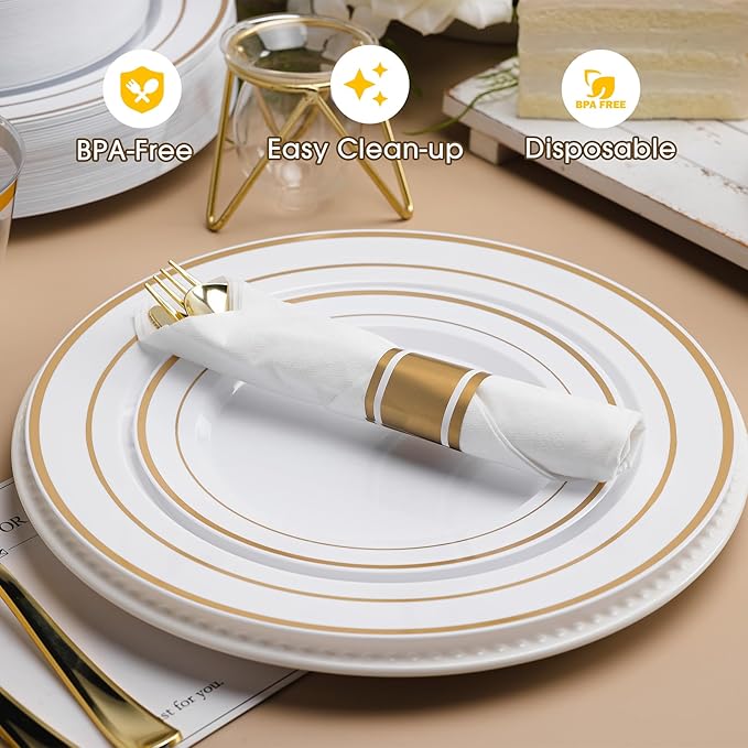 350 PCS White and Gold Plastic Dinnerware Set for 50 Guests, 100 Thanksgiving Disposable Plates for Party, 50 Pre Rolled Napkins with Gold Silverware, 50 Cups