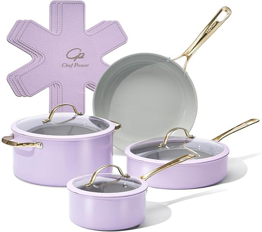 Chef Power Ceramic Cookware Sets, 10Pcs Pots and Pans Set Non Stick, Cookware Set with Stainless Steel Handle, Dishwasher & Oven Safe, Light Purple and Granite Grey