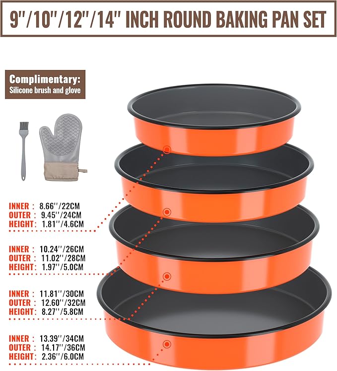 Round Roasting Pan Set Bakeware 4 Pack Baking Cake Pans Enamel Casserole Dish 9/10/12/14 Inch Non-Stick Chicken Roaster Oven Dishwasher Safe Mother's Christmas Gift Cookware (Orange)