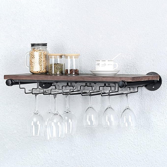 Industrial Wine Rack Wall Mounted with 5 Glass Holder,Wine Glass Rack Floating Wine Glass Shelf,24in Pipe Shelving Hanging Wood Shelves