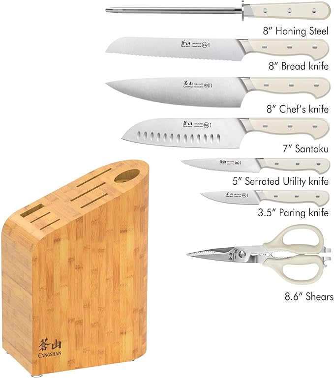 Cangshan APERTIVO Series 8-Piece Knife Block Set German Steel, Bamboo Block, 1026849 (White)