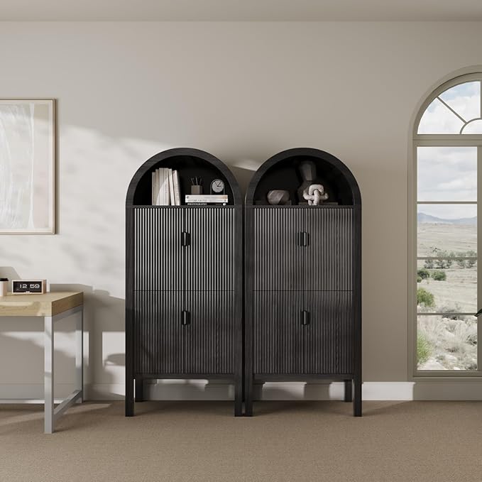 71" Tall Arched Fluted Storage Cabinet - Modern Pantry Cabinet with 4-Tier Shelves, Open Display & Sealed Storage, Accent Sideboard for Living Room Kitchen Dining Room (Dark Gray)