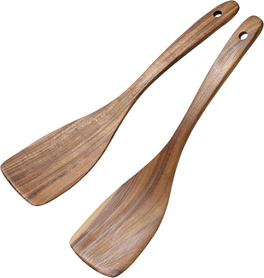 Wooden Spatula for Cooking - Wooden Spoons for Cooking - 12.5 Inch Teak Spatulas for Nonstick Pans - Wood Cooking Utensils - Wood Kitchen Utensils Set of 2 - Bamboo Spatulas - Wooden Turner Spatula