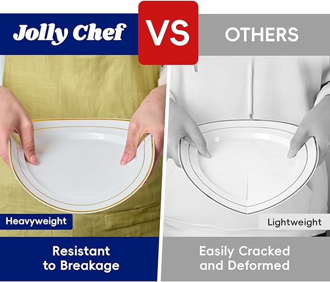 JOLLY CHEF 200 Pieces Gold Plastic Plates, 10 Inch Elegan Disposable Plates White Plate with Gold Rim,Plastic Plates for Christmas?갃irthdays and Weddings