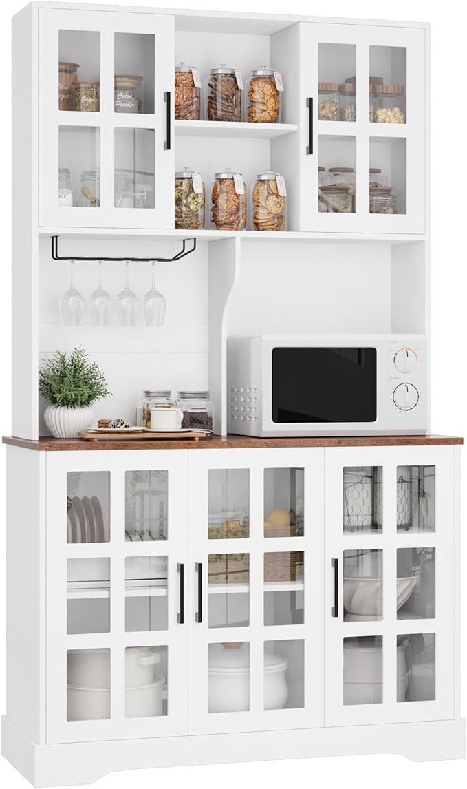Keyluv Kitchen Pantry Storage Cabinet 71" Tall Freestanding Pantry Cabinet, Farmhouse Glass Door Buffet with Oven Countertop, Large Wood Hutch for Kitchen, Living Room and Dining Room, White