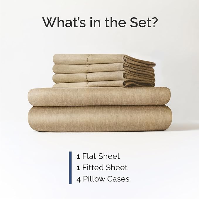 Cal King 6 Piece Sheet Set - Cooling, Comfy & Breathable - Hotel Luxury Bedding for Women, Men, Kids & Teens - 1 Flat & 1 Fitted Sheet & 4 Pillowcases with Deep Pockets - Wrinkle Free - Heathered Tan