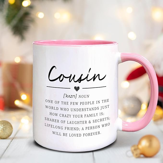 QASHWEY Cousin Definition Coffee Mugs Mug, Cousins Birthday Christmas Wedding Gifts from Cousin,Inspirational Cousins Gifts Double Side Printed Ceramic Mug Cup 11 Ounce(Pink)