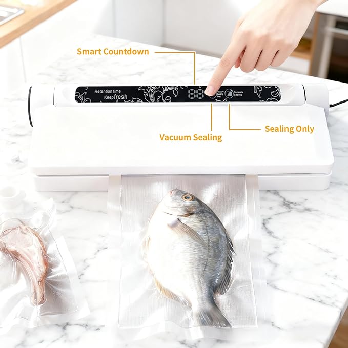 75 kPa Food Vacuum Sealer, Powerful Suction, Dry/Wet Modes for All Food Needs, Low-Temperature Slow Cooking, Countdown Timer, Lightweight and Portable, Includes 20 Sealing Bags, Ideal for Home Use