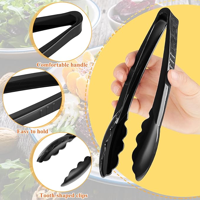 Tessco for you 100 Pcs Plastic Tongs for Serving Bulk, 9 Inch Plastic Disposable Serving Tongs Heavy Duty Salad Utensils for Kitchen Buffets BBQ Events Catering (Black)