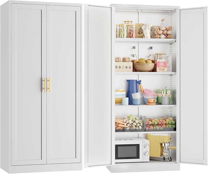CJF 71" H Metal Kitchen Pantry Storage Cabinet, Freestanding Cupboard with 2 Doors and 4 Adjustable Shelves, Standing Storage for Kitchen, Bathroom, Garage, Dinning Room or Utility Room（White）