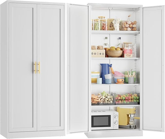 CJF 71" H Metal Kitchen Pantry Storage Cabinet, Freestanding Cupboard with 2 Doors and 4 Adjustable Shelves, Standing Storage for Kitchen, Bathroom, Garage, Dinning Room or Utility Room（White）