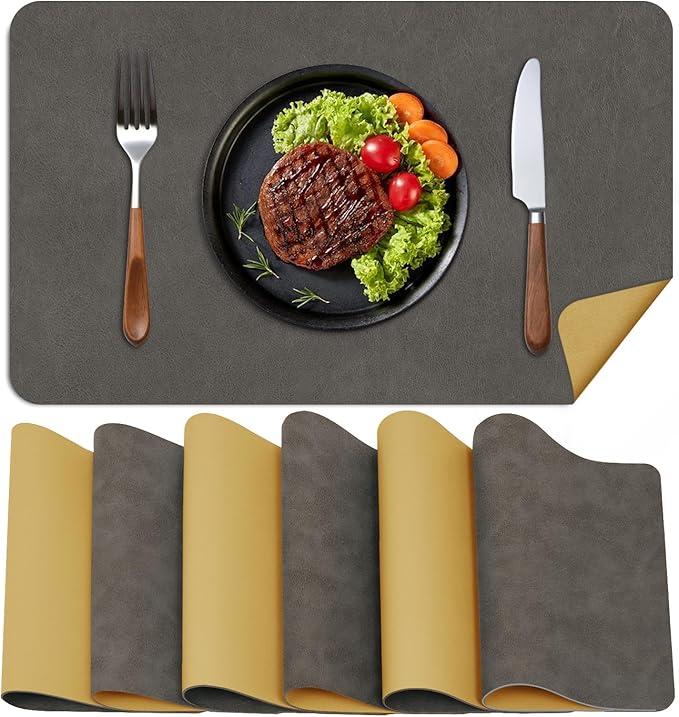 BLESWIN Faux Leather Placemats, PU Dining Table, Waterproof and Oil Resistant Easy to Clean, Heat Resistant Reversible Use Table Mats for Kitchen, Dining Table, Outdoor ??12 횞 17 Inch, Mud&Dark Yellow