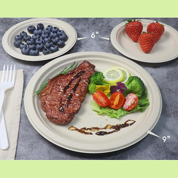 GreenWorks 100 Count 6??Small Compostable Dessert Plates, Heavy-duty Unbleached Biodegradable Bagasse and Bamboo fiber Paper Plates