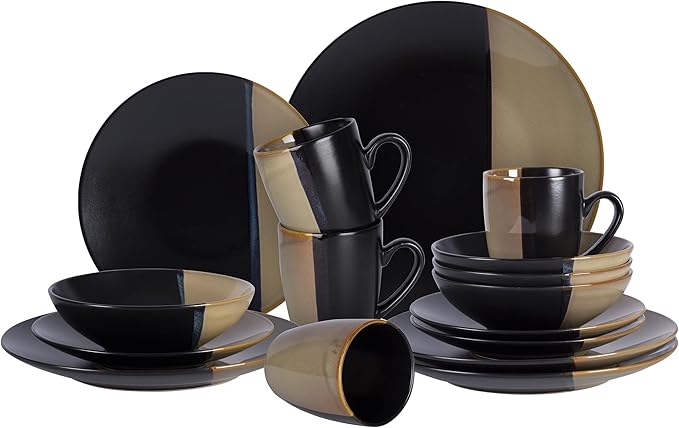 Stoneware Dinner Set Reactive Glaze (16pc Set, Black + Beige)