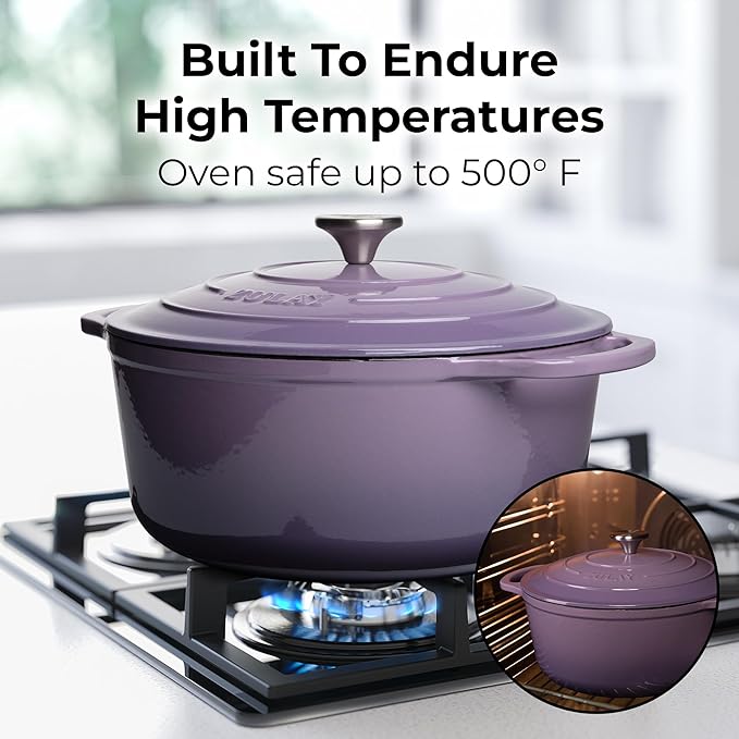 Zulay Kitchen 6 Quart Enameled Cast Iron Dutch Oven Pot with Lid ??Premium Durability & Oven Safe up to 500째F ??Heavy Duty Cookware Perfect for Bread Baking, Stews, Braising & Roasting ??Lavender Jade