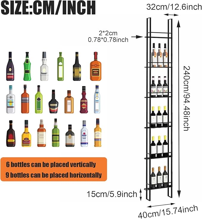 1 Column Wine Rack Wall Mounted, 94.48in High Metal Wine Bottle Holder, Floor to Ceiling Wine Storage竊똗se as One or Three, DIY Display, for Restaurant, Bar, Cellar (Black, 1 Column)