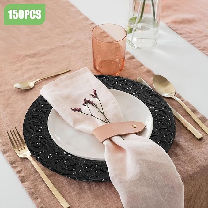 150pcs Black Charger Plates, 13" Round Reusable Decorative Flower Relief Carving Bulk Chargers for Dinner Plates, Wedding, Bridal Shower