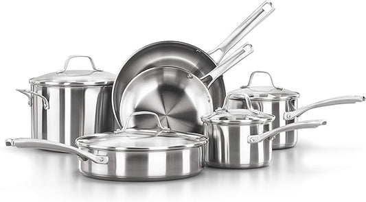 Calphalon Classic Stainless Steel Cookware Set, 10-Piece, Impact-Bonded Aluminum Base, Stay-Cool Handles, Oven Safe 450F, Silver