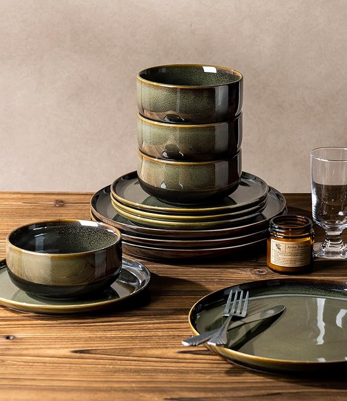 TheTerra Ceramic Dinnerware Sets for 6, 18 Pieces Handmade Reactive Glaze Plates and Bowls Set, Scratch Resistant Dish Set, Oven & Microwave & Dishwasher Safe, Olive Green