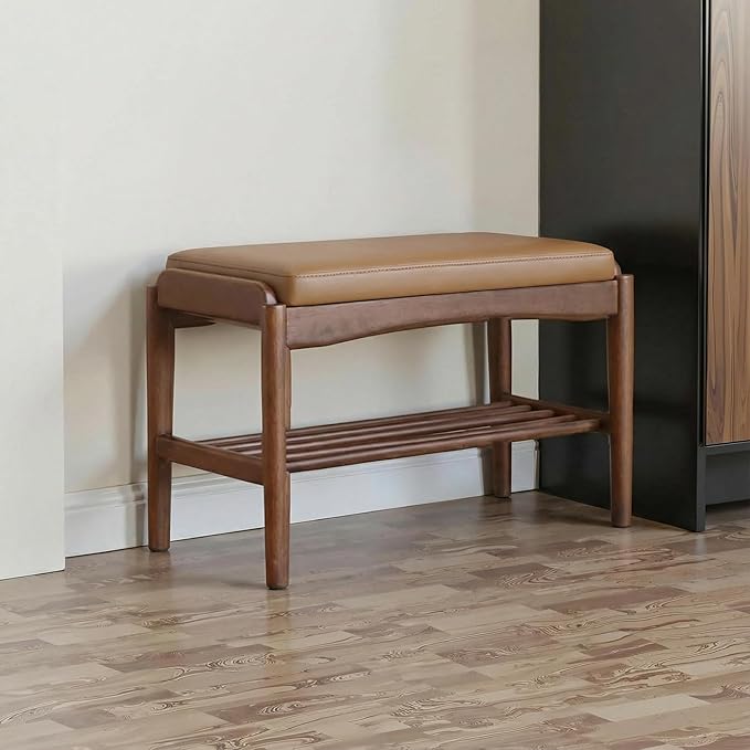 Vadisun Black Walnut Shoe Bench Assembled, Solid Wood Shoe Rack Bench with Silicone Leather Cushion for Entryway, Living Room, Bedroom, Hallway