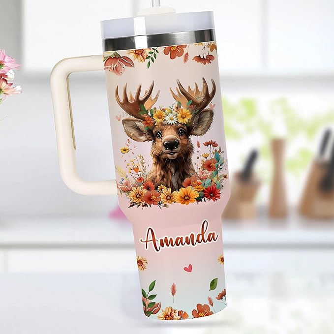 AGGLOMEKC Personalized Cute Moose Cup - Mother's Day Birthday Gift For Animal Lovers - Just A Girl Who Loves Moose Tumbler 40oz With Custom Name - Pet Lover Gifts For Women, Her