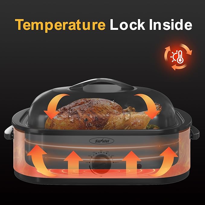 Sunvivi 14-Quart Electric Roaster Oven with Self-Basting Lid, Stainless Steel Turkey Roaster Oven with Rack, No Removable Pan, Easy to Clean, Silver